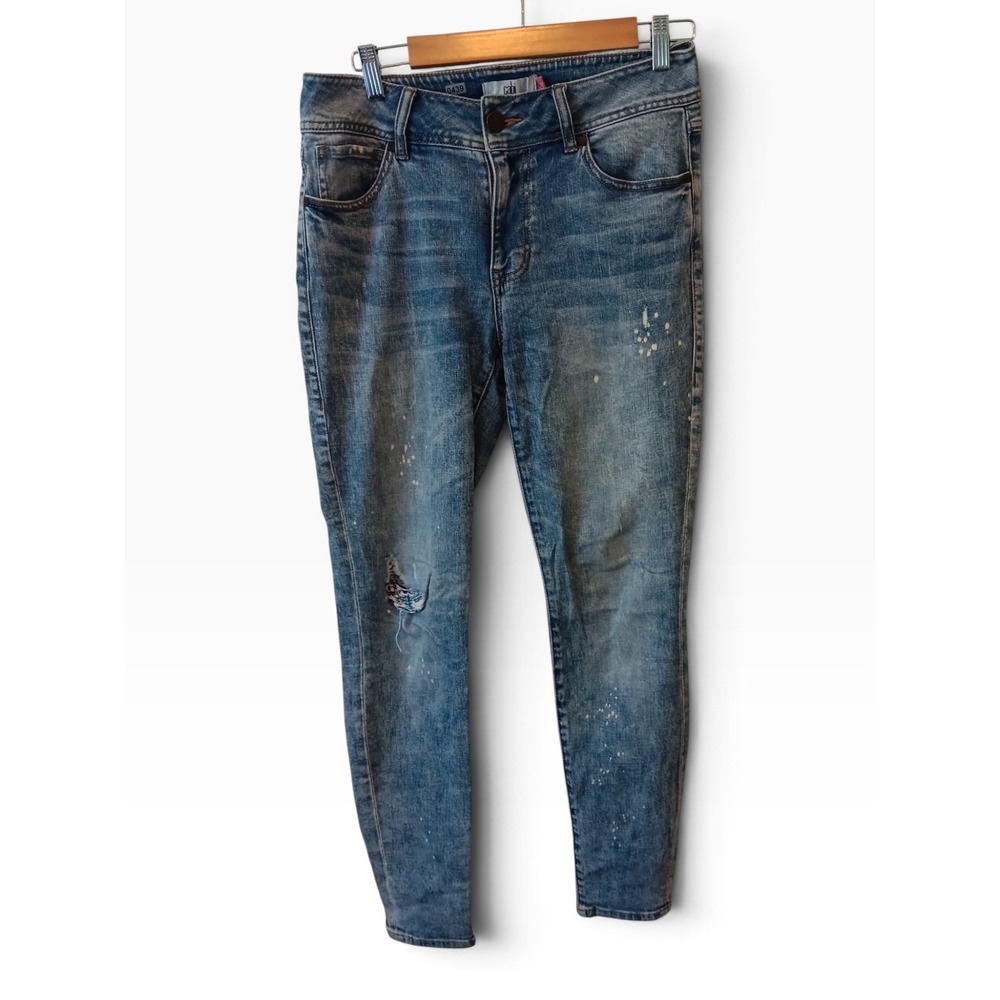 Cabi Slim Boyfriend Jeans Womens 6 Blue Good Distressed Paint Splatter 5492